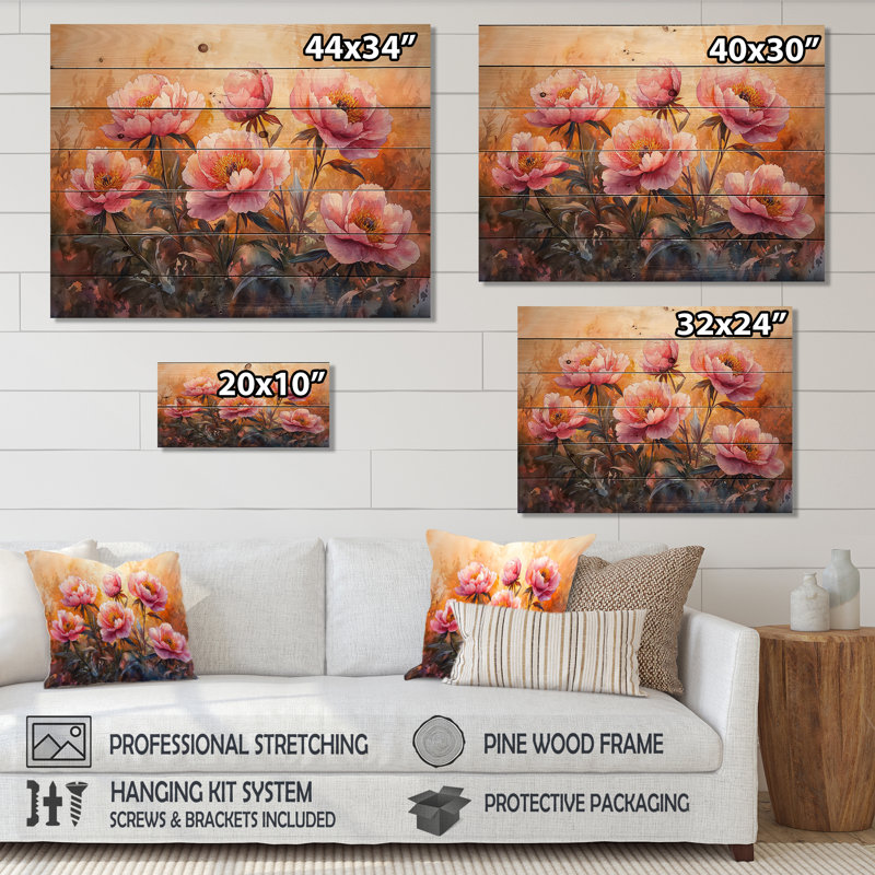 Pivoines au soleil levant III - Décoration murale en bois de pivoines - sur bois de pin naturel