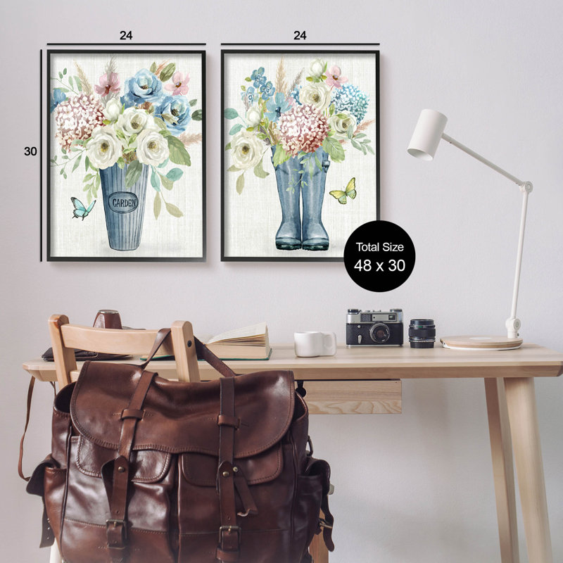 «Country Garden Bouquets Rain bottes», ensemble de 2 giclées encadrées par Nan, Giclée encadrée noir minuit