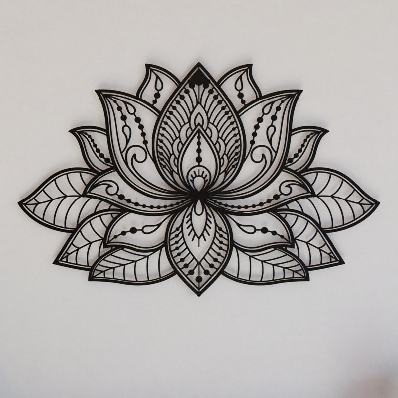 Mandala de lotus 3D en métal - fleur de lotus spirituelle, décoration murale multisize, H 17 po x l 26,3 po, Noir