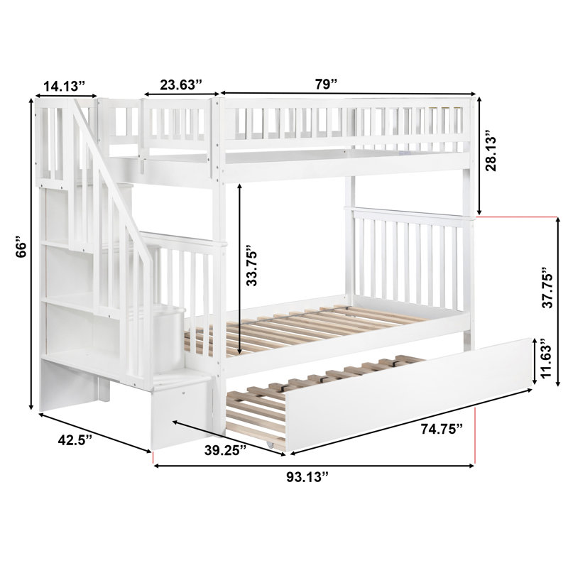 Lit superposé en bois robuste avec escalier et lit gigogne Ilariana, Simple sur simple, Blanc