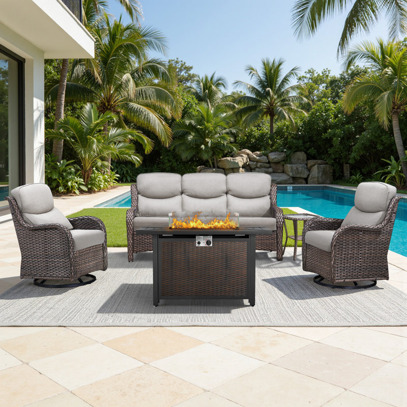 5 - Person Handwoven Wicker Patio Conversation Fire Pit Set With 5" Olefin Cushions Swivel Glider Chairs & Side Table, Beige