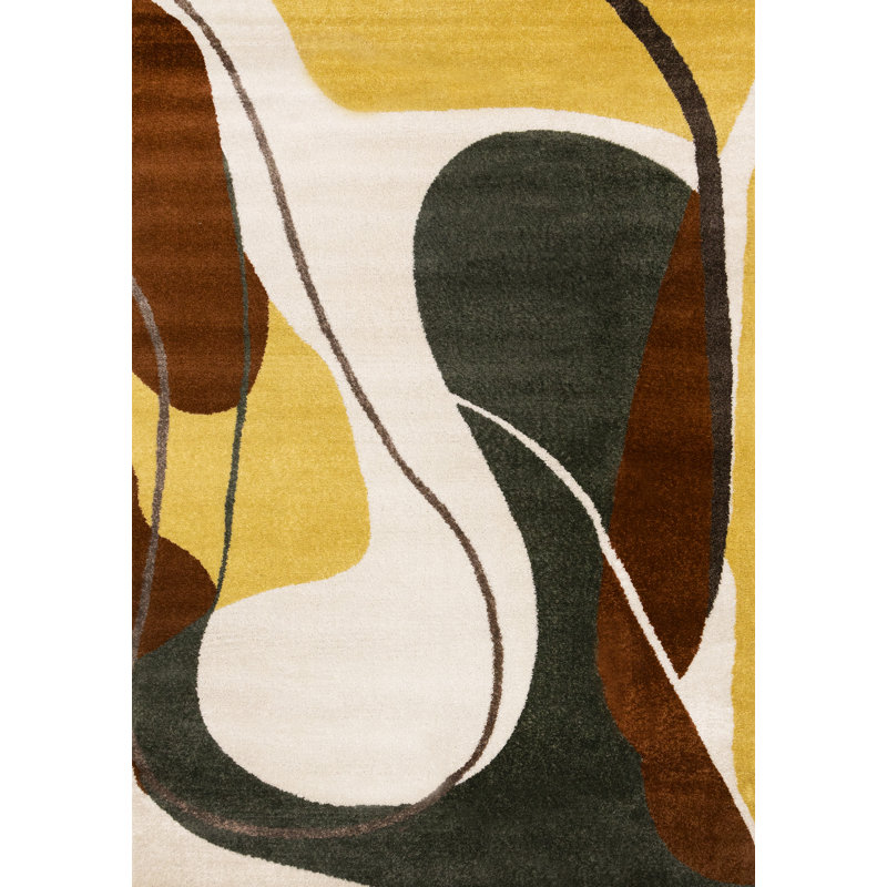 Malibu Abstract Yellow Green Brown Area Rug, Rectangle 5'3" x 7'7"