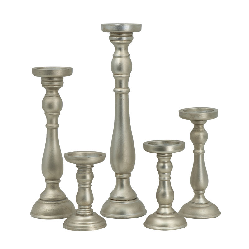 S/ 5 Sliver Turned Wood Candle Holders, Assorted Heights, Silver