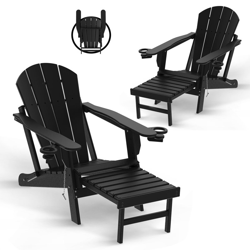 Ensemble de 2 chaises Adirondack pliantes avec repose-pieds et repose-gobelets, Noir