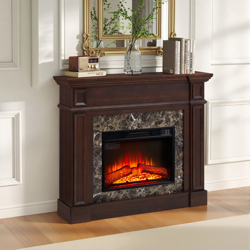 Electric Fireplace with Mantel, Fireplace Mantel, Fireplace Heater Freestanding, Realistic Stacked Stone Surround with Remote Control Timer LED Flame