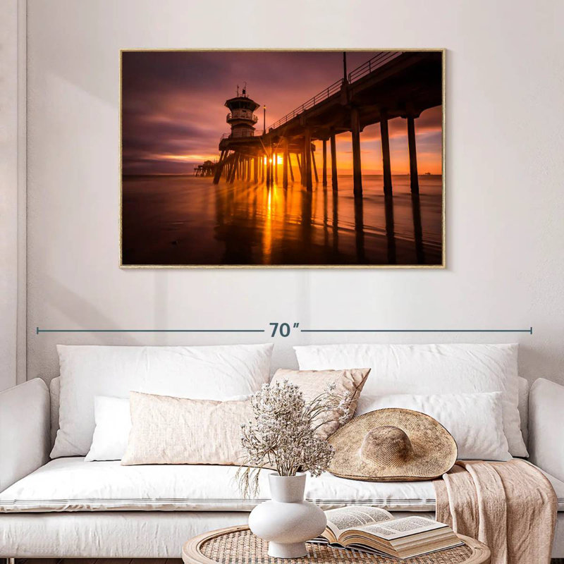 Coucher de soleil à Huntington Beach Pier, Cadre flottant en bois naturel, 46 po x 31 po