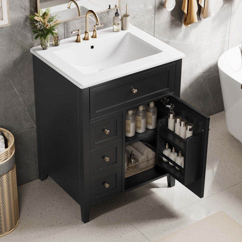 Meuble-lavabo noir 24 po avec lavabo, panneau de fibres à densité moyenne et fabrication en bois d'hévéa, 3 tiroirs et armoire avec tablettes réglables
