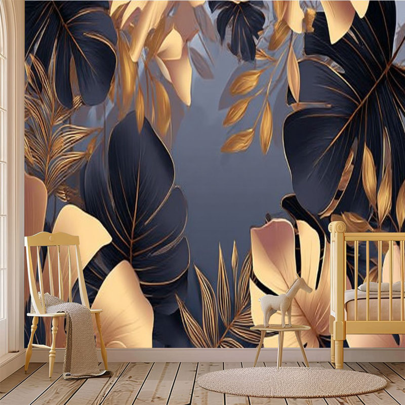 Papier peint adhésif pelez et collez, plantes tropicales dorées, feuilles, feuilles élégantes modernes, art mural botanique, auto-adhésif et amovible