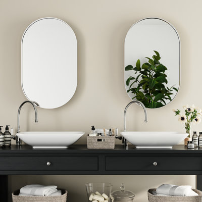 Armoire de salle de bain ovale encastrée avec miroir et rangement réglable - 20 po x 34 po, cadre en métal, tablettes murales blanches,