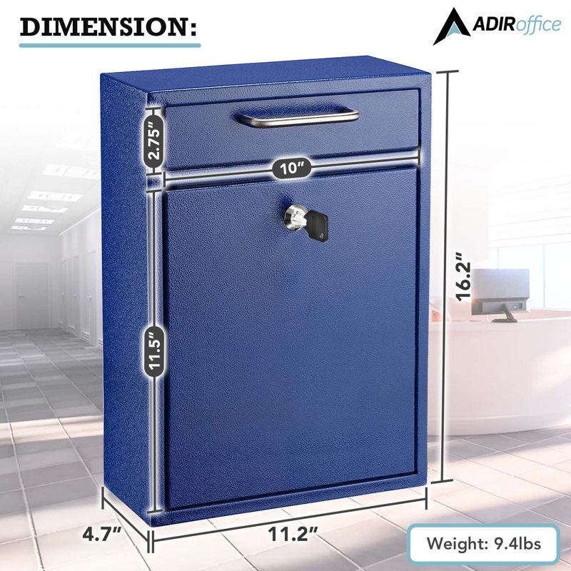 Large Secure Drop Box Wall Mounted Mailbox with Key Lock, Blue, 16.2" H x 11.2" W x 6.7" D