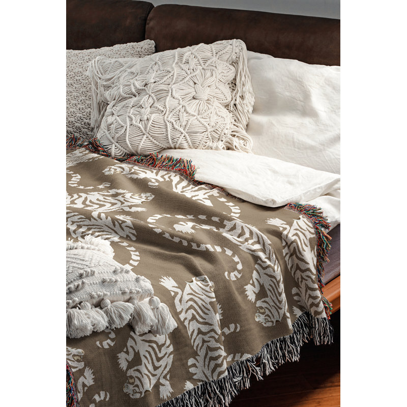 Jeté en mélange de coton Leonard Tiger, L 60 po x l 60 po, Beige / Blanc cassé