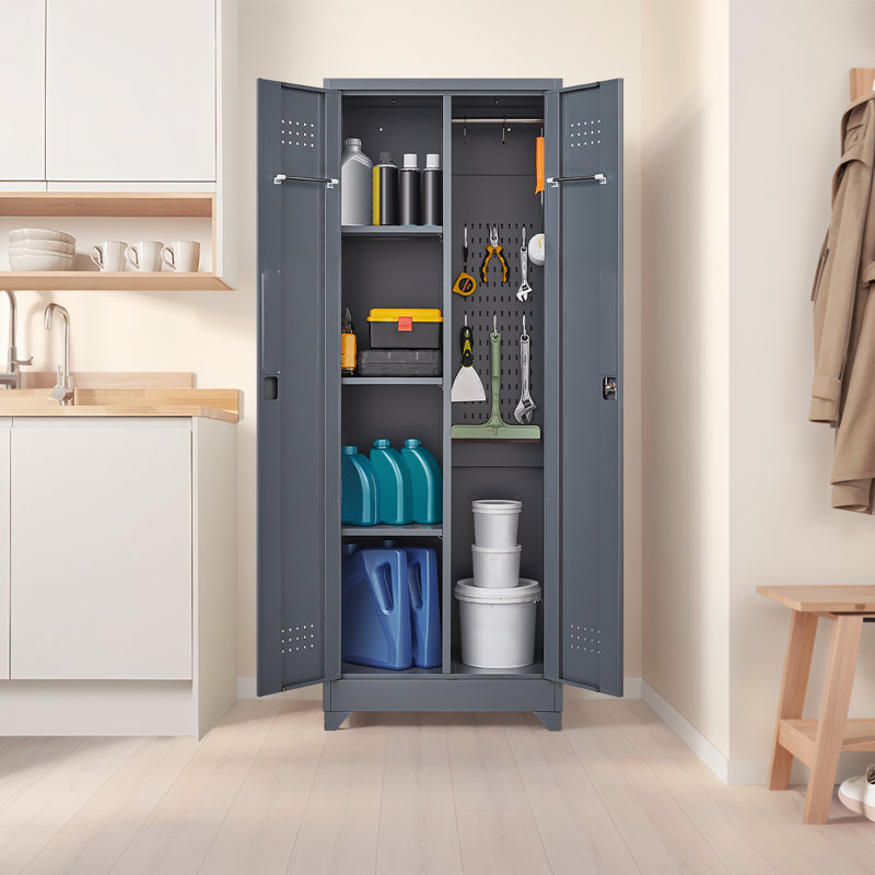 Large Steel Tool Storage Cabinet With Reinforced Frame, Anti-Rust Surface,Lockable Doors&Adjustable Shelves, Gray