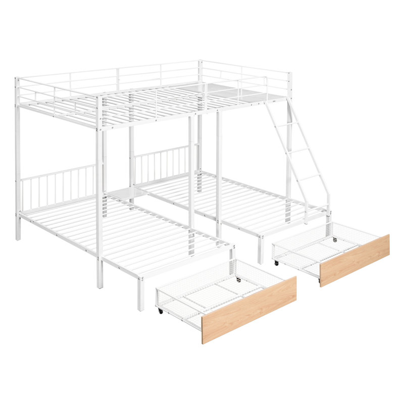 Full Over Twin & Twin Bunk Bed, Metal Triple Bunk Bed with Drawers and Guardrails,, White