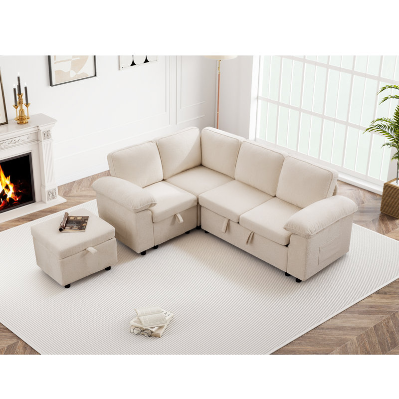 Waldorf 84.6" 5-Seat L-Shaped Sectional Sleeper Sofa with Pull-Out Bed Storage and Ottoman, Beige 