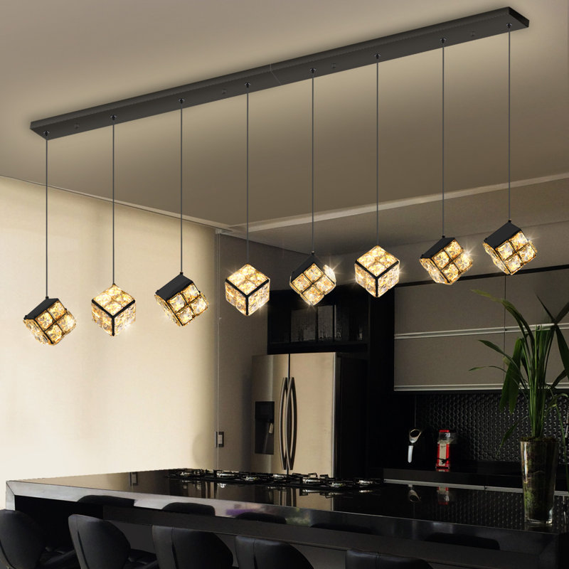 Lustre rectangulaire à 8 lumières DEL moderne en cristal à intensité variable noir, Black