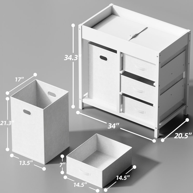 Baby Changing Table With Laundry Hamper And 3 Storage Drawers, White