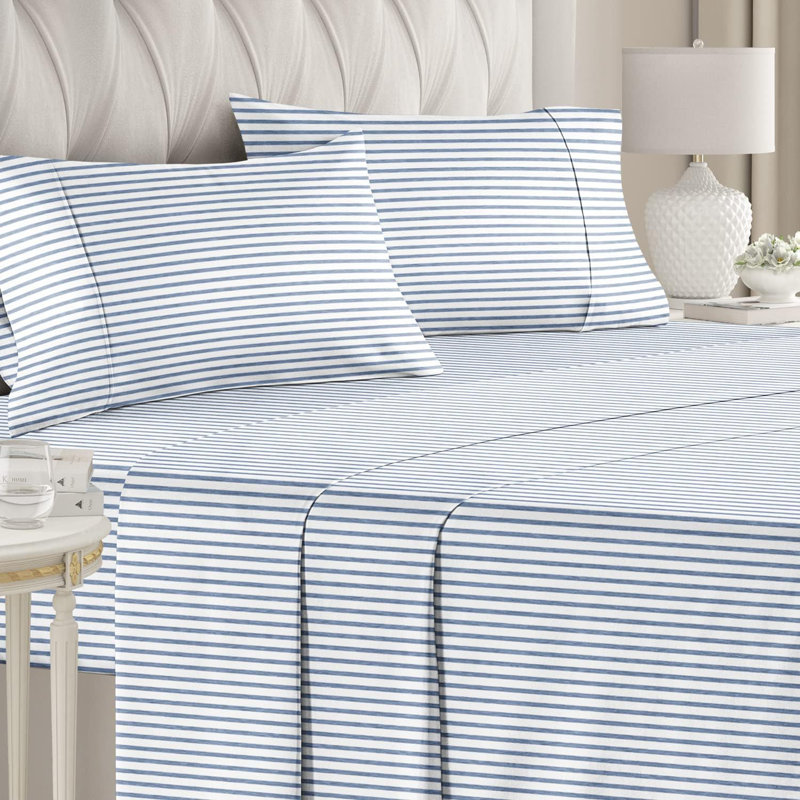 Ensemble de draps rayés, draps rafraîchissants, literie douce et infroissable, respirante, Rayure bleu côtier