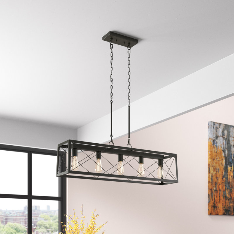 Evys Dimmable Kitchen Island Linear Chandelier, Aged Zinc, 5, 109" H x 36" W x 7.78" D