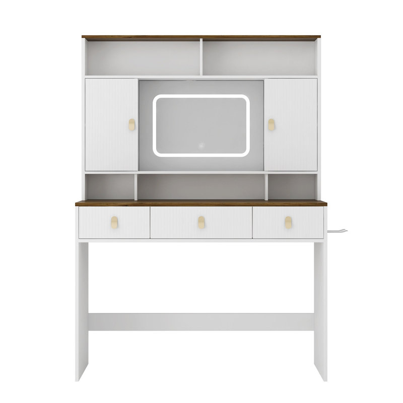 Table de maquillage Farmhouse, coiffeuse de 43 po de large avec miroir éclairé et tiroir de maquillage, grande coiffeuse moderne avec porte-séchoir pour chambre à coucher, blanc