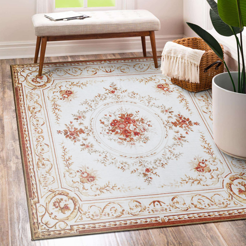 Tapis lavable lavable beige Aubusson 5 x 7, Rectangle 5 pi x 7 pi