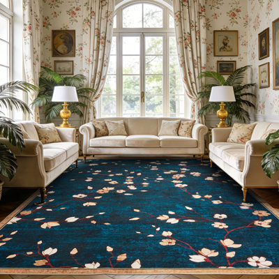 Area Rug for Living Room, Vintage Floral Rug, Washable Non Slip & Low Pile Carpet for Living Room, Bedroom, Dining Room