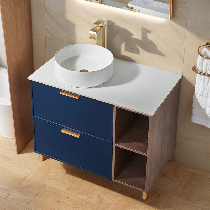 36'' Blue Modern Free-Standing Single Bathroom Vanity With Ceramic Pot