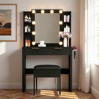Fluted Makeup Vanity Desk With 10 Hollywood Bulbs, Charging Station, 2 Drawers, 4 Open Shelves, Hairdryer Holder And Storage Stool
