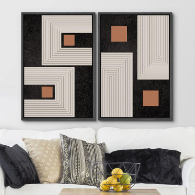 Geometric Line " Black and Brown Geometric Spiral Square Abstract Shapes Modern Chic " 2 Piece Art Graphic Art Print