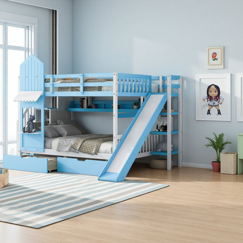 Lit superposé double de style château avec 2 tiroirs et 3 glissières, Bleu