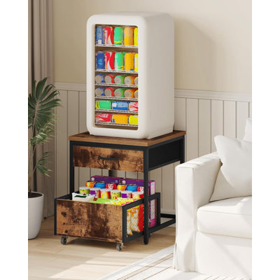 Table de bout carrée 19,7 po, mini-support de réfrigérateur avec rangement, table de chevet à chariot mobile (brun rustique et noir, pour le salon / la chambre à coucher)