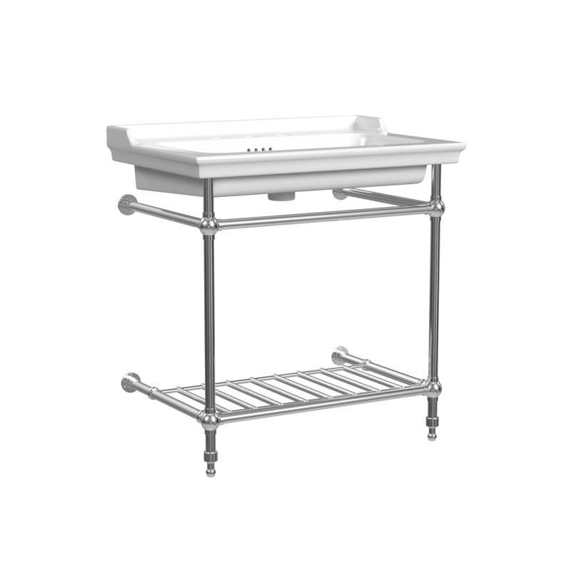 Gloss White Fireclay Rectangular Console Bathroom Sink with Overflow, 8" Centers, Chrome