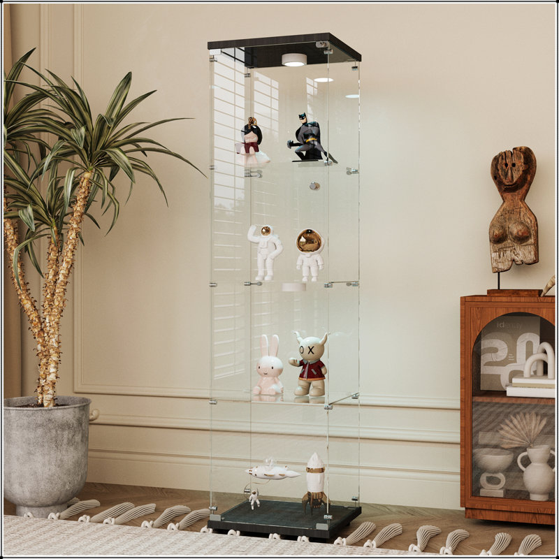Tempered Glass Display And Storage Cabinet With Battery-Powered Light, Adjustable Feet, And Secure Locking Mechanism For Versatile Use