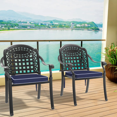Chaise de patio en fonte d'aluminium, 2 pièces, noire, protégée, design ergonomique avec coussins, empilable, paire, rembourrée, ergonomique, empilable