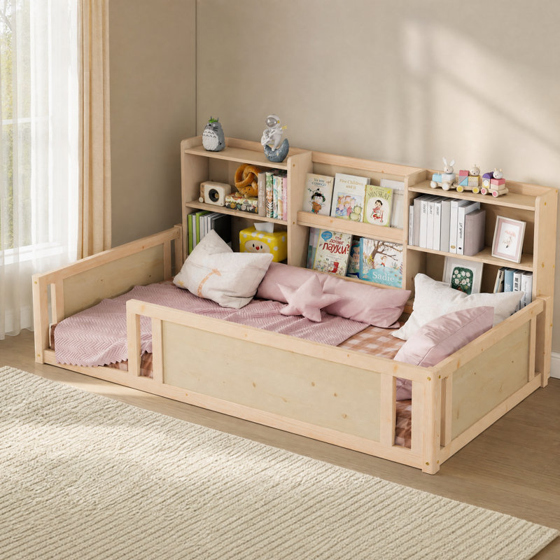 Lit plateforme simple en bois avec barrière de sécurité et tablettes de rangement latérales, Naturel