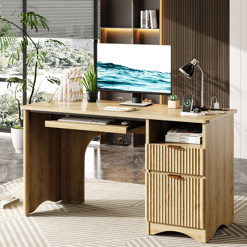 Labelle 55Inch Fluted Executive Desk with Power Outlet, Modern Computer Writing Desks with File Drawers, Home Office Desk with Keyboard Tray and Open Storage Compartment