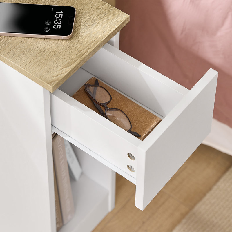 13.8'' W Nightstand with Charging Station Narrow Slim Bedside Table with Drawer, USB & Type-C Ports White