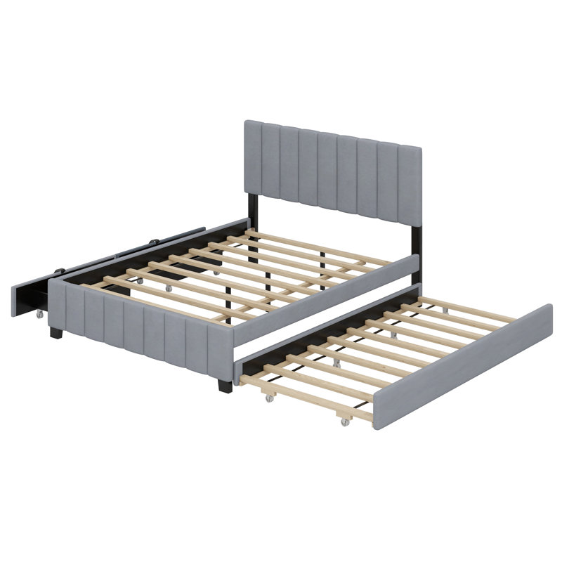 Lit plateforme tapissier avec 2 tiroirs et lit gigogne, Gris