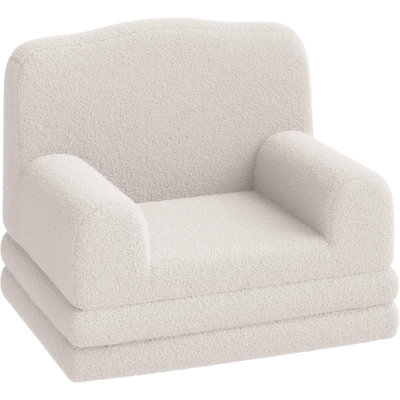 Kids Couch, 2 in-1 Comfy Toddler Couch Fold Out, Convertible Sofa to Lounger Foam Kids Chair with Soft Sherpa (Beige-Crown, Large)
