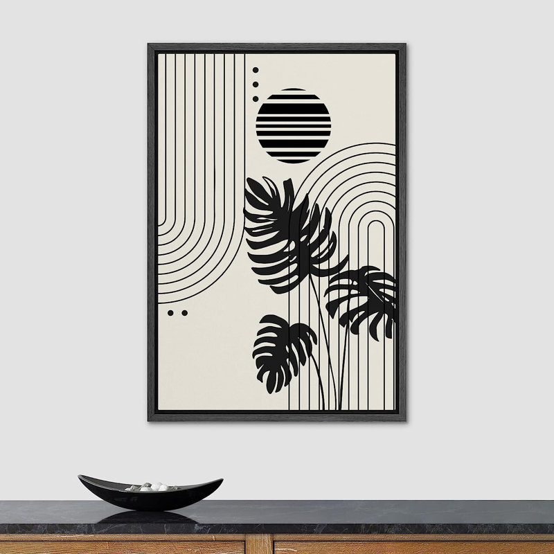 «Geometric Striped Polygon Tropical Palm Leaf», reproduction sur toile flottante, H 36 po x l 24 po x P 1,5 po, Cadre noir