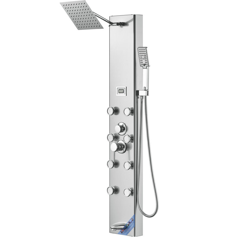 Système de panneau de douche, 5 modes de douche, tour de panneau de douche à affichage numérique, pluie, 8 jets de massage, bec de baignoire, pomme de douche à main à 3 réglages, boyau de 59 po, ensemble de douche mural en acier inoxydable