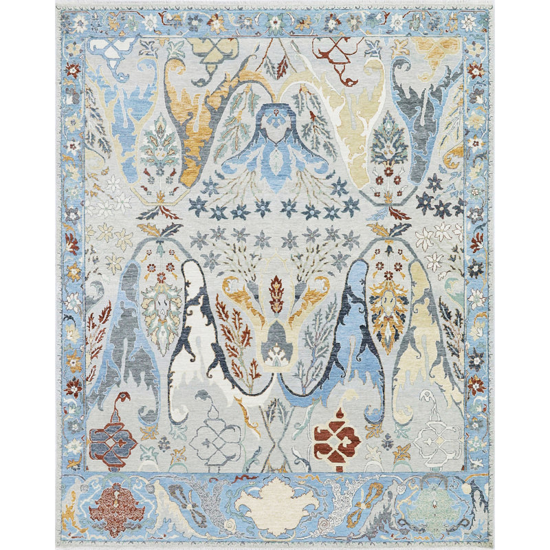 High-Quality Hand-Knotted Grey And Blue Area Rug, Rectangle 5' x 8'