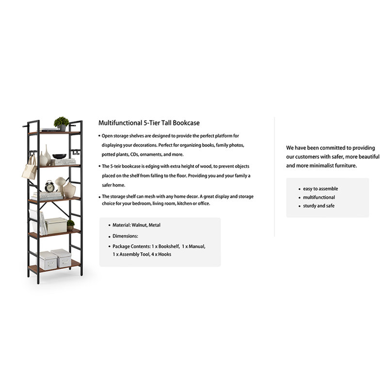 5-Tier Bookshelf, 5 Tier Industrial Bookcase, Standing Bookshelves, Tall Display Rack with Steel Frame for Living Room, Bedroom, 11.8 x 16.1 x 61 Inches, Rustic Brown