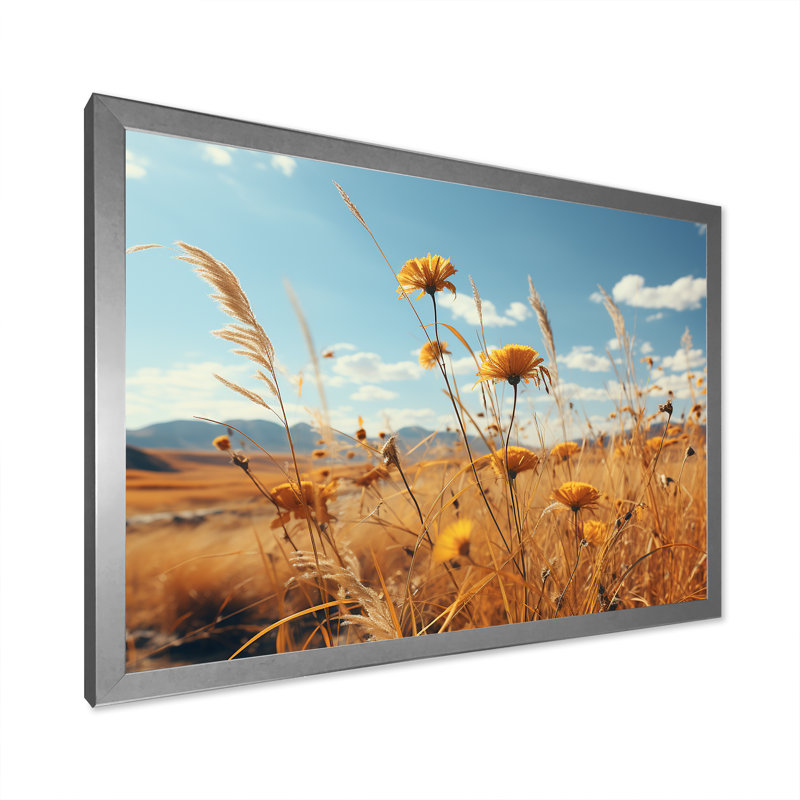 Coucher de soleil, fleurs d'été, prés, H 34 po x l 44 po x P 1,5 po, Cadre simple argenté