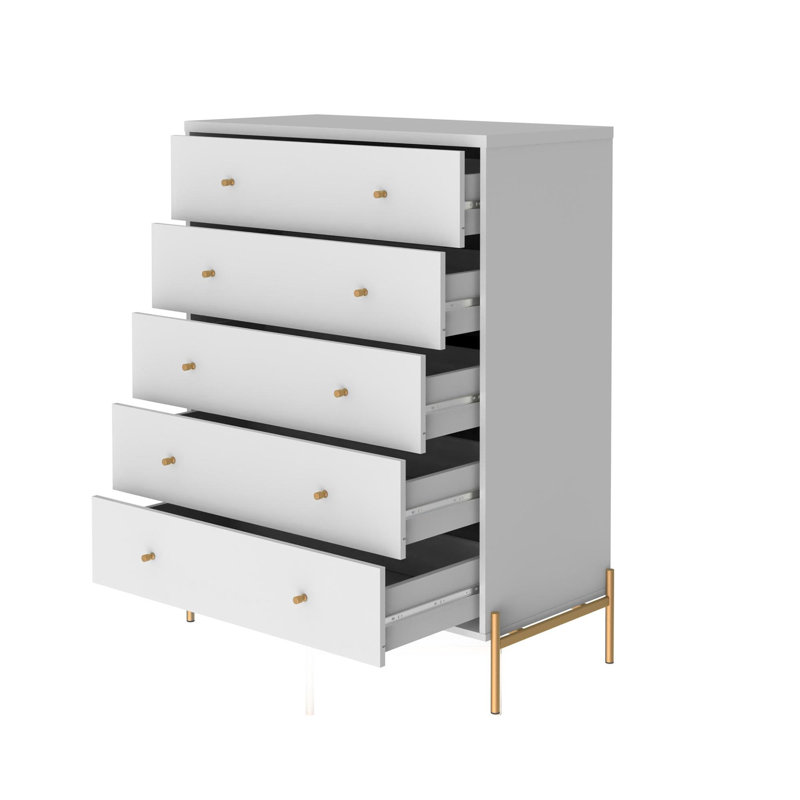 Commode 5 tiroirs Gine, Blanc brillant
