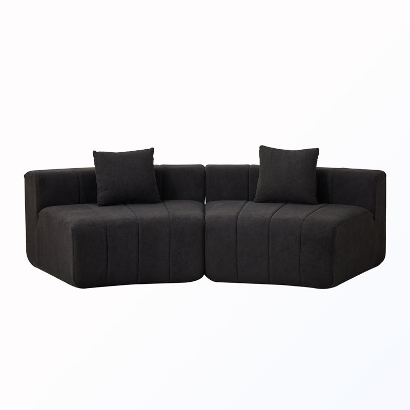 Curved Sectional Sofa With 2 Pillows, Black Chenille