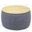 Rangement rond gris foncé - 2 en 1. Agit comme table de bout et siège. Fait à la main. Revêtement en lin. 25,5 po x 25,5 po x 14,5 po. Capacité de 250 lb 1. Fabriqué à la main avec du lin. Supporte 250 lb. Aucun assemblage requis