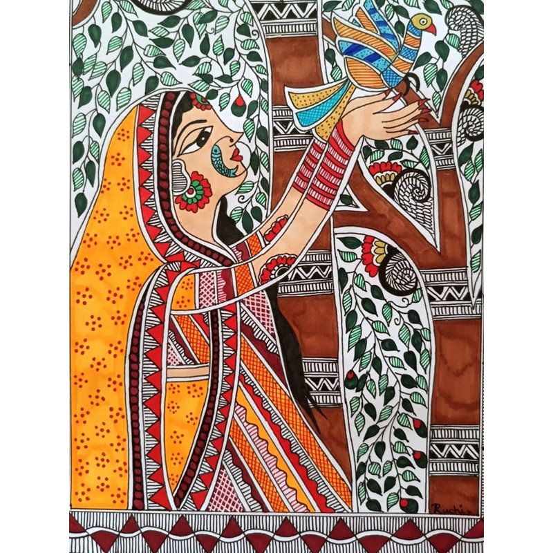 Dame avec oiseau Madhubani peignant des marqueurs d'alcool et des fineliners sur papier par Ruchi