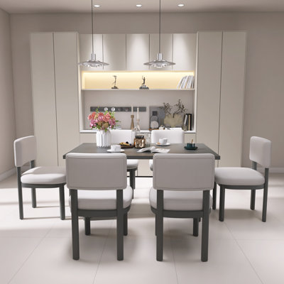 Ensemble de table de salle à manger en bois gris 7 pièces pour 6 personnes avec chaises rembourrées, table de salle à manger rectangulaire de 60 po avec pieds découpés pour la salle à manger, la cuisine et le salon