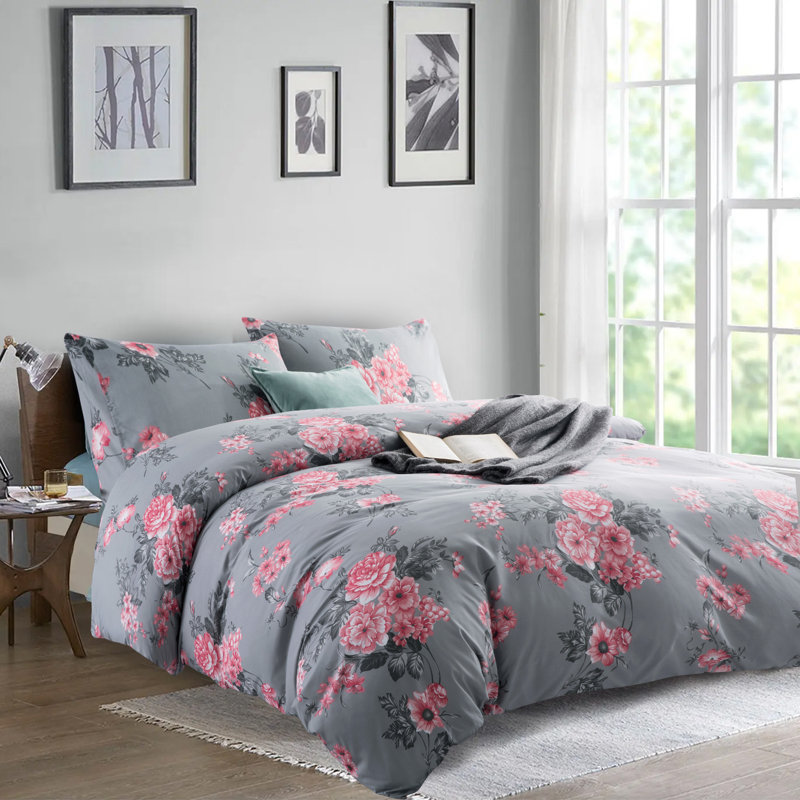 Microfiber Duvet Cover Set with Pillowcases Included, Pink/Grey Floral, 3, Double Duvet Cover Set + 2 Pillowcases