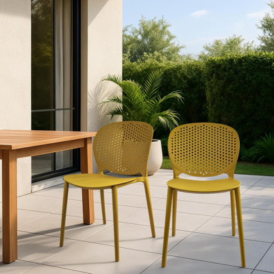 Bohemian Ecletctic Plastic Perforated Back Dining Chair, Stackable Indoor Outdoor Patio Side Chair, Weather-Resistant Seating for Kitchen, Restaurant, Balcony, Porch, Yard, Yellow